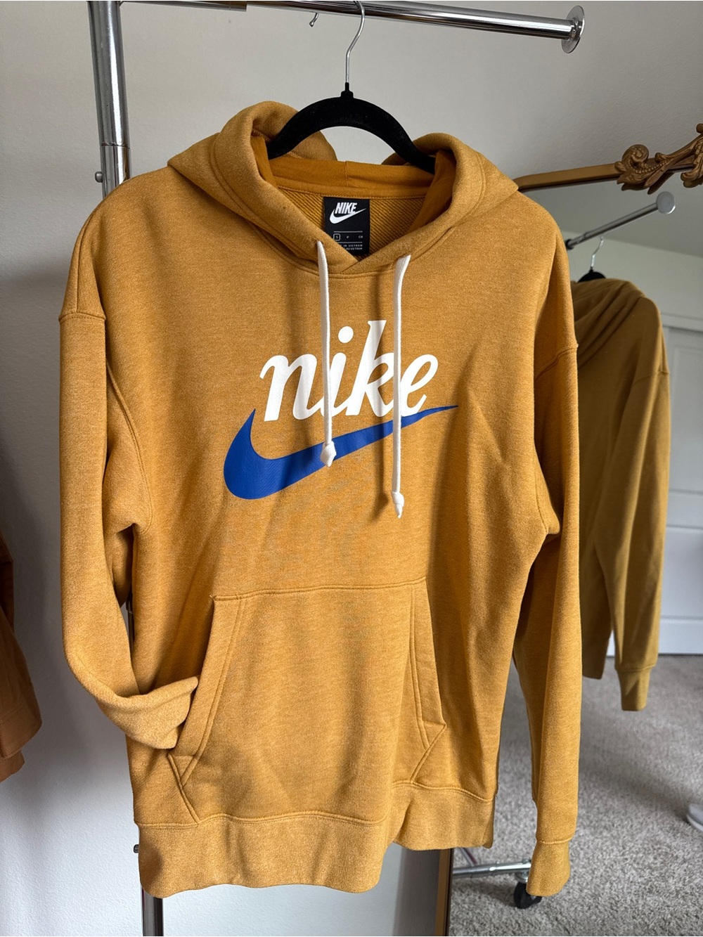 Nike Men's Mustard Yellow Hoodie with Blue Swoosh